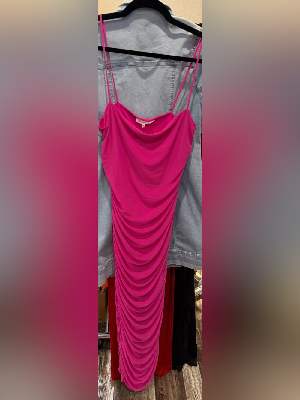 Good American Fuchsia Ruched Cowl Neck Slip Dress